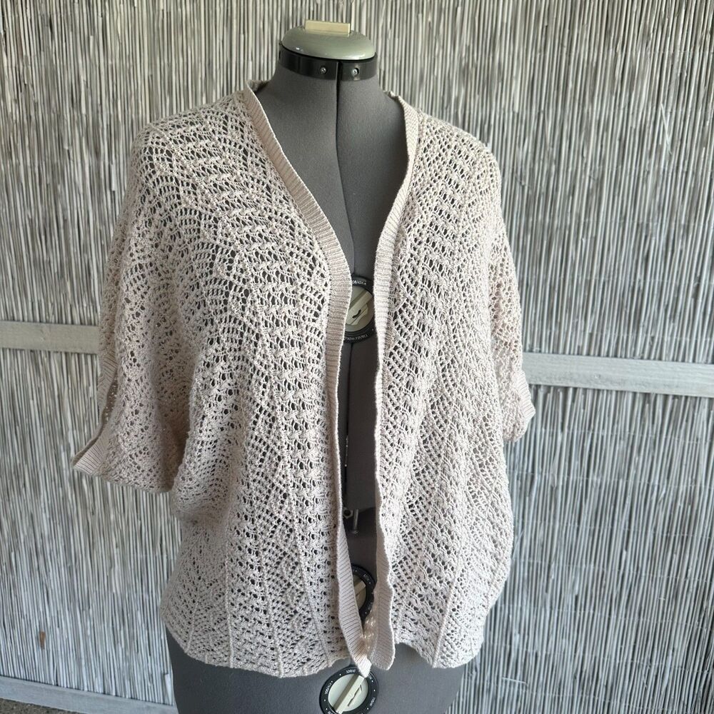 Roxy Cottagecore Beige Crochet Open Front Cardigan Shirt M 100% Cotton